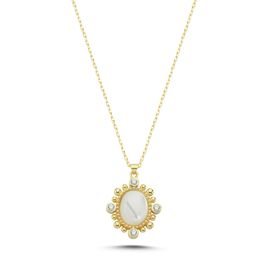 Beyaz Sedef Taşlı Vintage Gümüş Kadın Kolye - CNG Jewels