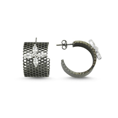 Big Marquise Rosa Bee Honeycomb Black Silver Hoop Earrings - CNG Jewels