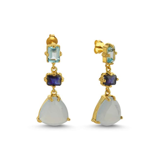 Blue Topaz Safir Kalsedon Taşlı Tasarım Kadın Gümüş Küpe - 1