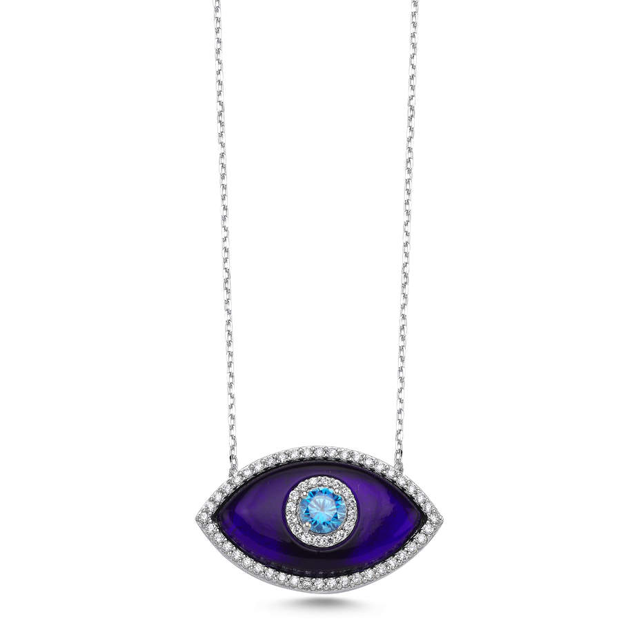 Large Almond Navy Blue Murano Eye Women's Silver Necklace - CNG Jewels