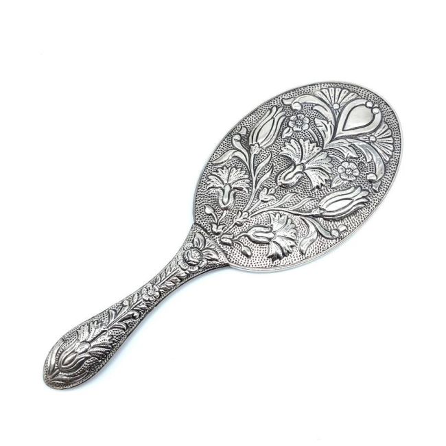 Carnation Tulip Patterned Large Silver Hand Mirror No. 4 - 1