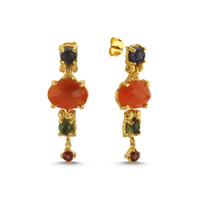 Carnelian Mix Color Design Women's Silver Earrings - 1
