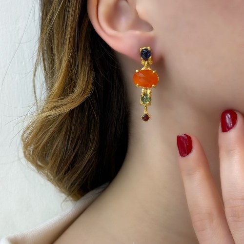 Carnelian Mix Color Design Women's Silver Earrings - 2