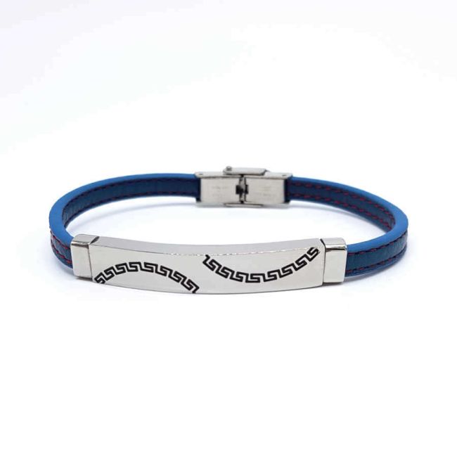 Steel and Blue Striped Thin Leather Men's Bracelet - 1