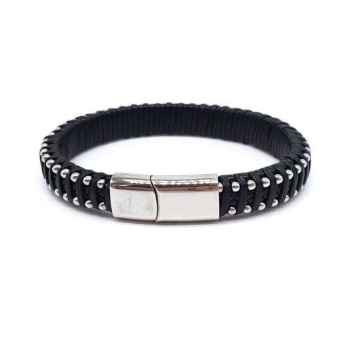Steel and Black Striped Thick Leather Men's Bracelet - CNG Jewels