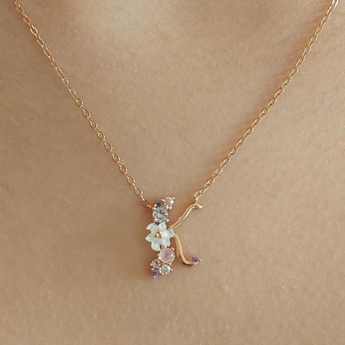 Floral Letter K Silver Women's Necklace 