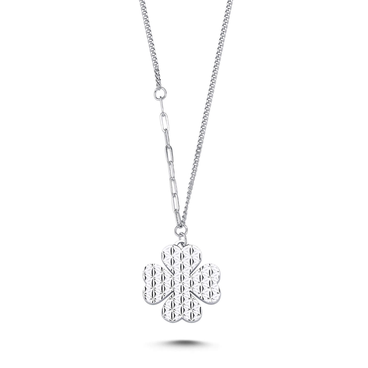 Double-Sided Shiny Embroidered Four Leaf Clover Women's Silver Necklace - CNG Jewels (1)