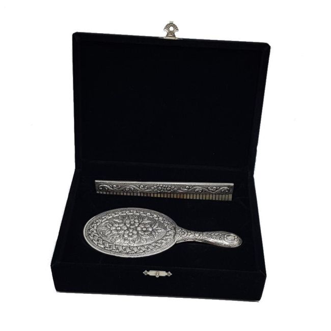 Daisy Patterned Hand Mirror Comb Set of Two Silver No. 2 - 2