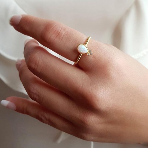 Drop White Opal Gold Silver Women's Ring - CNG Jewels