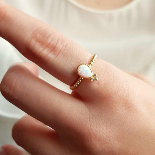 Drop White Opal Gold Silver Women's Ring - CNG Jewels (1)