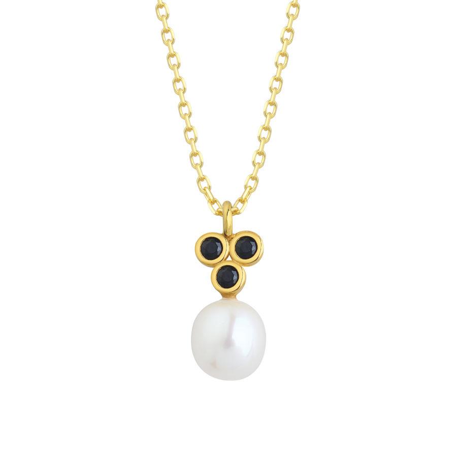 Damla Gerçek İnci Black Tria Gold Kadın Gümüş Kolye - CNG Jewels