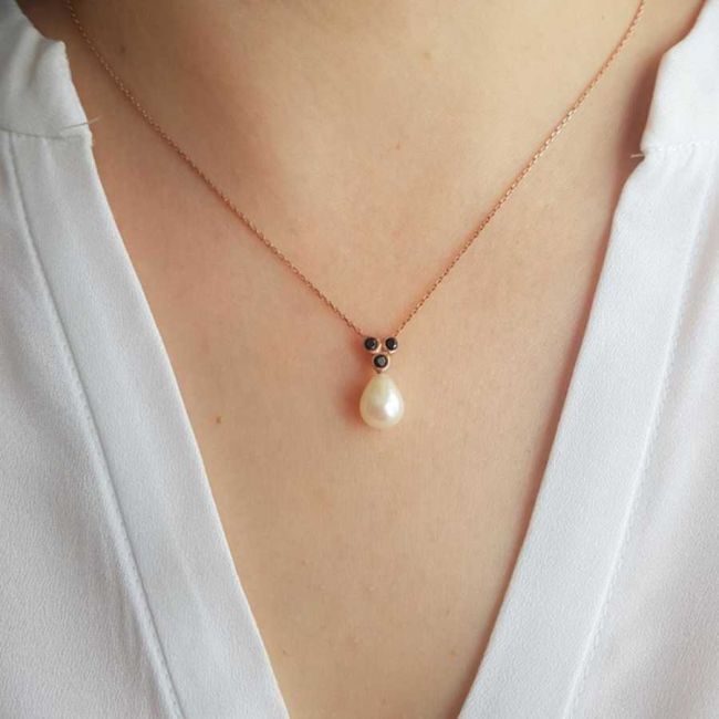 Drop Real Pearl Black Tria Rose Women's Silver Necklace - 2