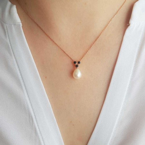 Drop Real Pearl Black Tria Rose Women's Silver Necklace - 3