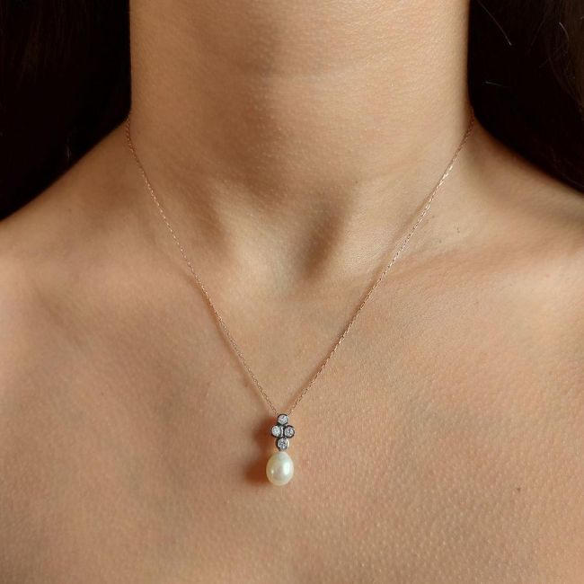 Drop Real Pearl Diamond Women's Silver Necklace - 2