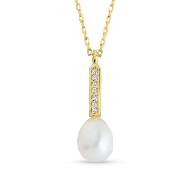 Drop Real Pearl Minimal Stone Women's Silver Necklace - 1