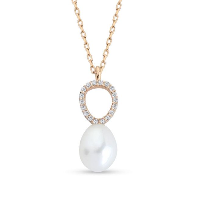 Drop Gerçek Pearl Rose Minimal Stone-set Women's Silver Necklace
