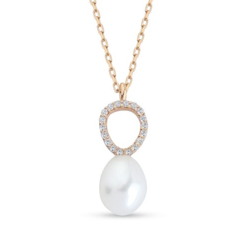 Drop Real Pearl Rose Minimal Stone Women's Silver Necklace - 1