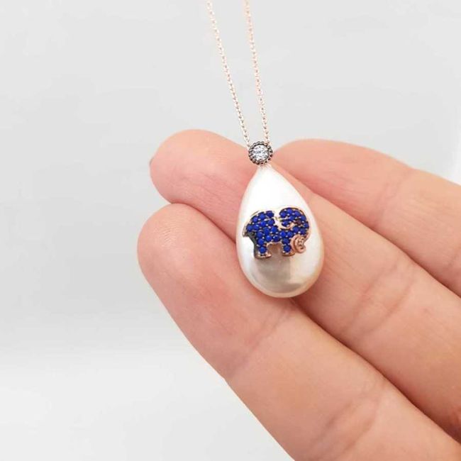 Elephant Silver Women's Necklace with Drop Pearl - 1
