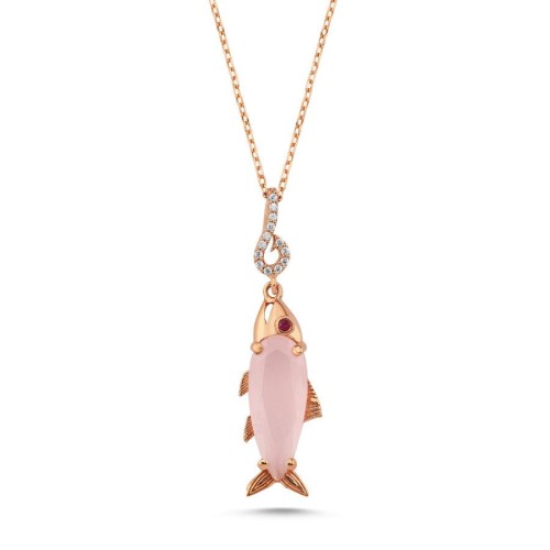 Drop Pink Quartz Stone Fish Rosegold Silver Women's Necklace - CNG Jewels
