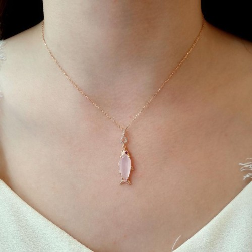 Drop Pink Quartz Stone Fish Rosegold Silver Women's Necklace - CNG Jewels (1)