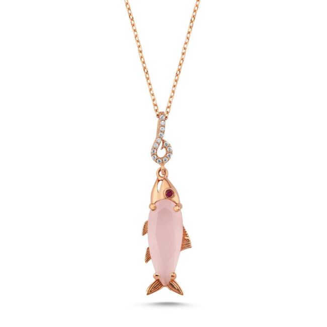 Damla Pembe Kuvars Taşlı Balık Rosegold Gümüş Kadın Kolye - 1