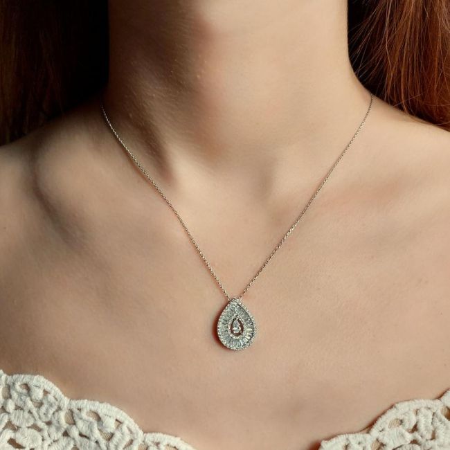 Drop Stone Baguette Women's Silver Necklace - 2