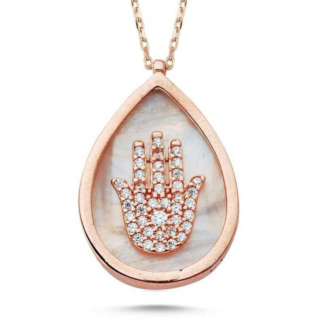 Silver Women's Necklace with Drop Stones and Hand of Fatima - 1
