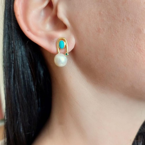 Turquoise Perla Real Pearl Women's Silver Earrings - 1