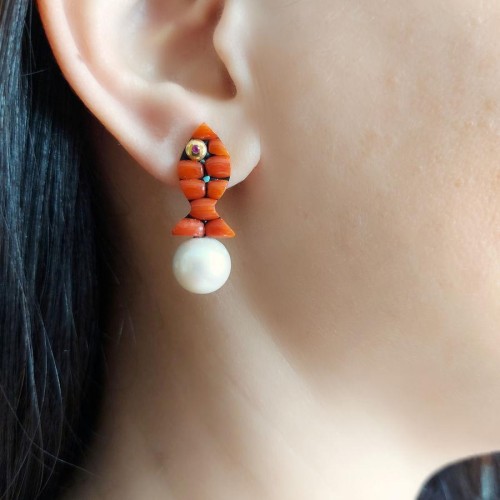 Design Coral Fish and Natural Pearl Earrings - Thumbnail