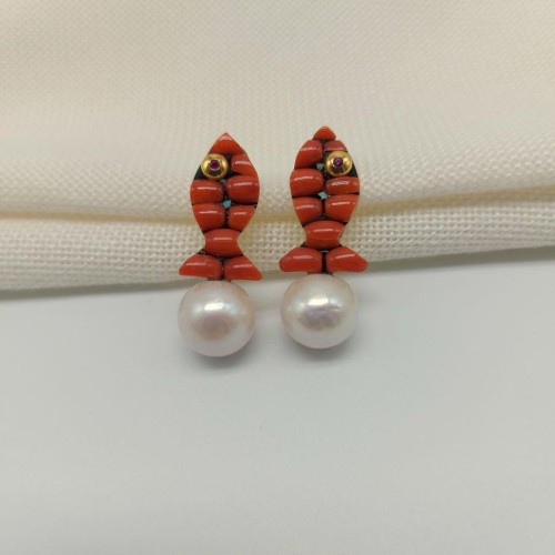 Design Coral Fish and Natural Pearl Earrings - Thumbnail