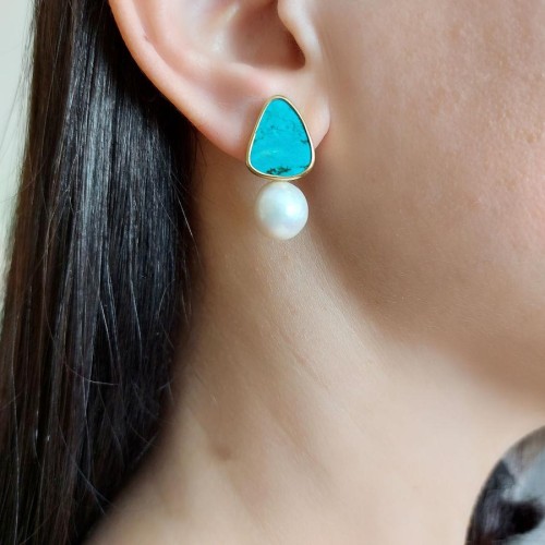 Design Natural Turquoise and Pearl Silver Earrings - Thumbnail