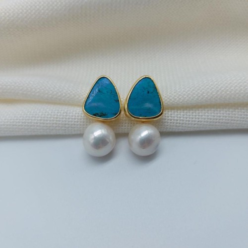 Design Natural Turquoise and Pearl Silver Earrings - Thumbnail