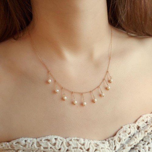 Designed Hanging Natural Pearl Rose Silver Women's Necklace - 1