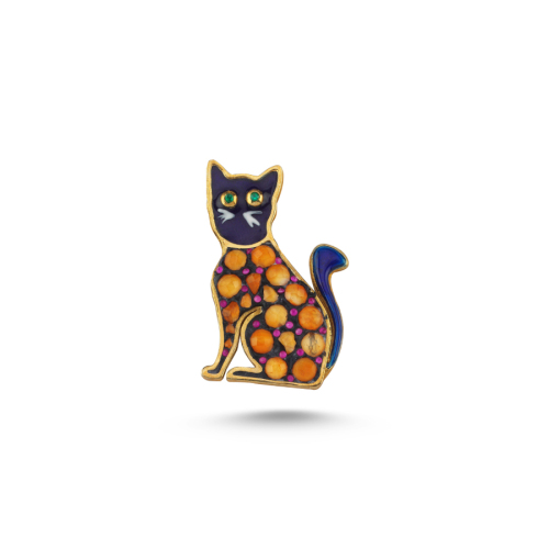 Natural Carnelian Stone Cat Silver Brooch 