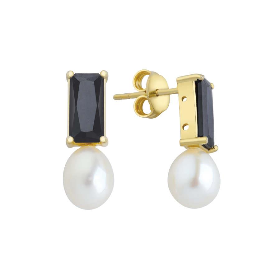 Gümüş Oktagon Oniks Gold Damla Gerçek Küpe - CNG Jewels
