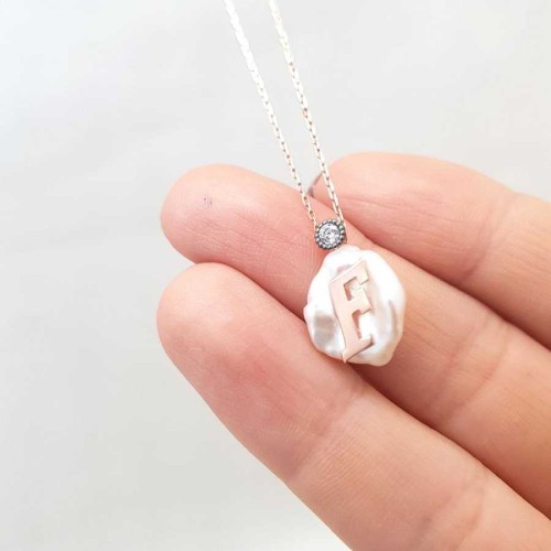 Letter F Silver Women's Necklace on Natural Pearl 