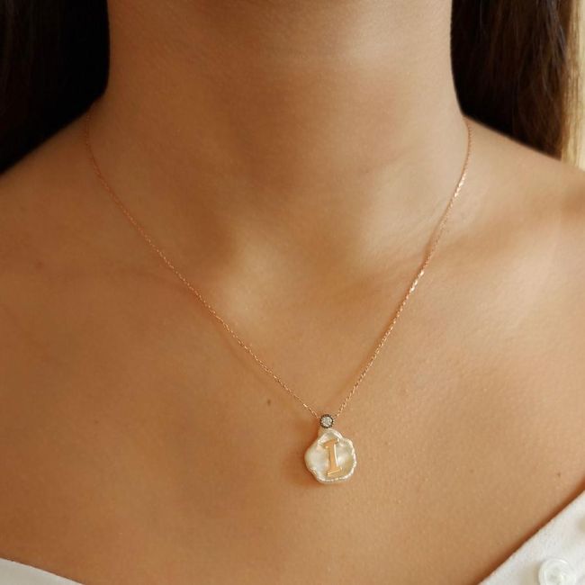 Silver Women's Necklace with Letter I on Natural Pearl - 2