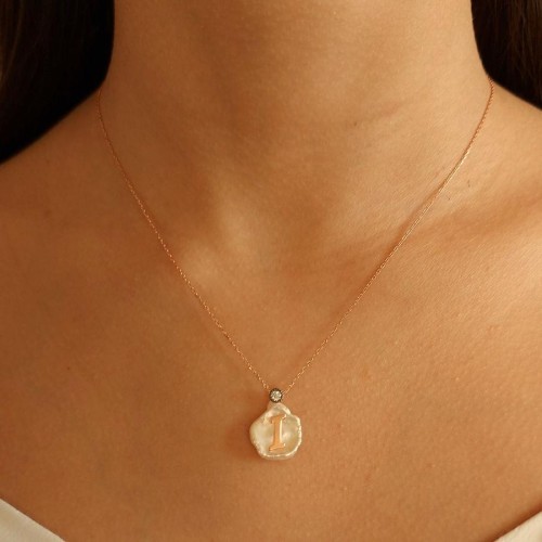 Silver Women's Necklace with Letter I on Natural Pearl 