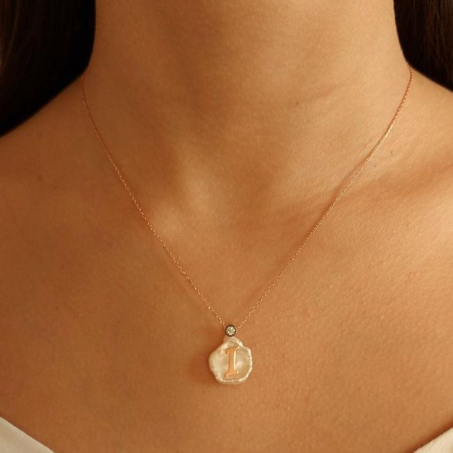 Silver Women's Necklace with Letter I on Natural Pearl - 1