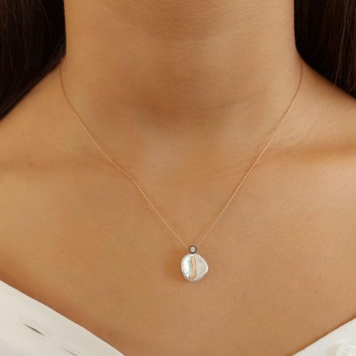 Letter J Silver Women's Necklace on Natural Pearl - 2