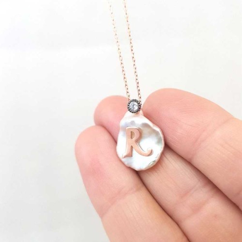 Natural Pearl Letter R Silver Women's Necklace 