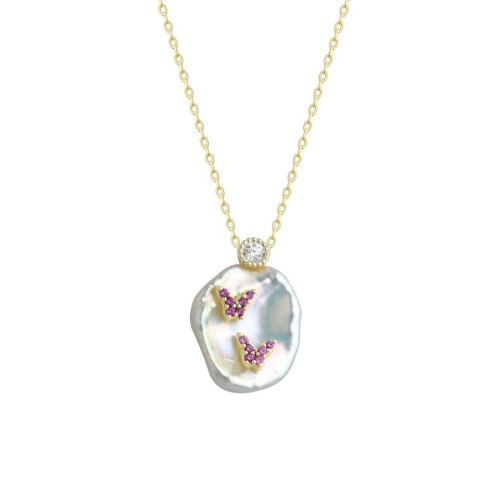 Natural Pearl Mini Pink Butterflies Silver Women's Necklace - CNG Jewels