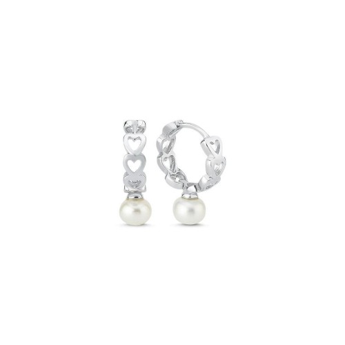 Small Silver Women's Hoop Earrings with Natural Pearls and Hearts - CNG Jewels