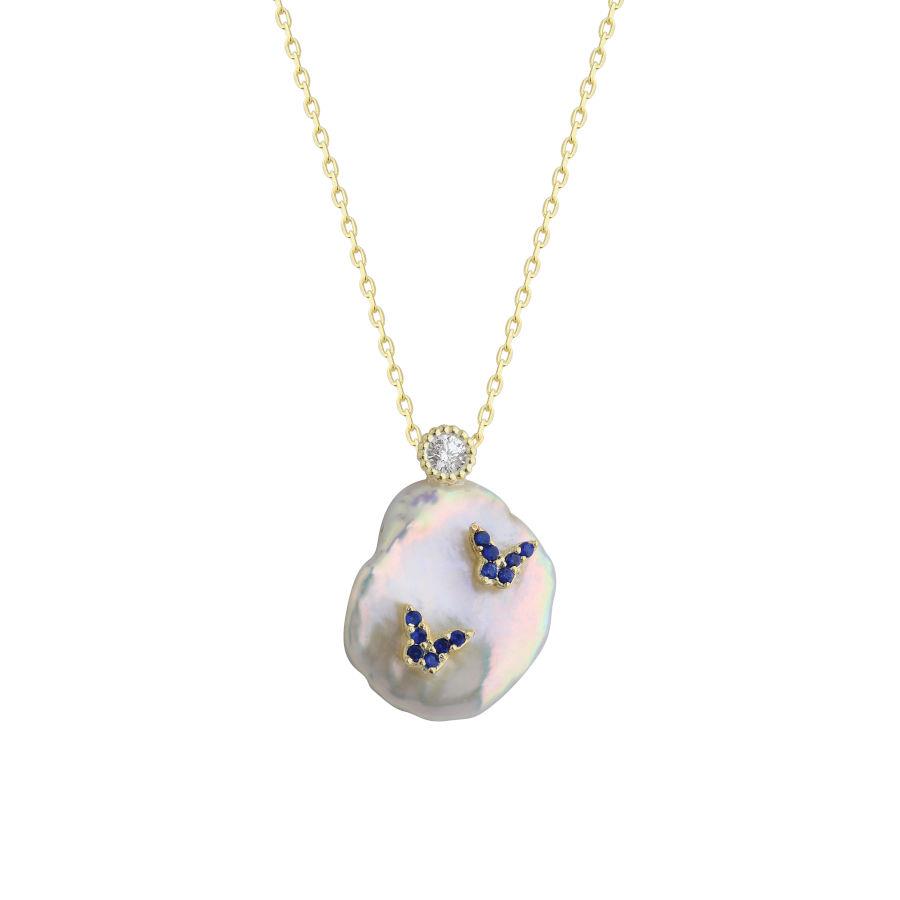 Natural Pearl Mini Blue Butterflies Silver Women's Necklace - CNG Jewels
