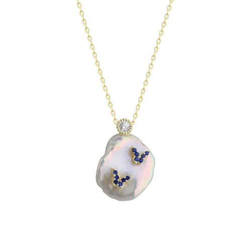Natural Pearl Mini Blue Butterflies Silver Women's Necklace - CNG Jewels