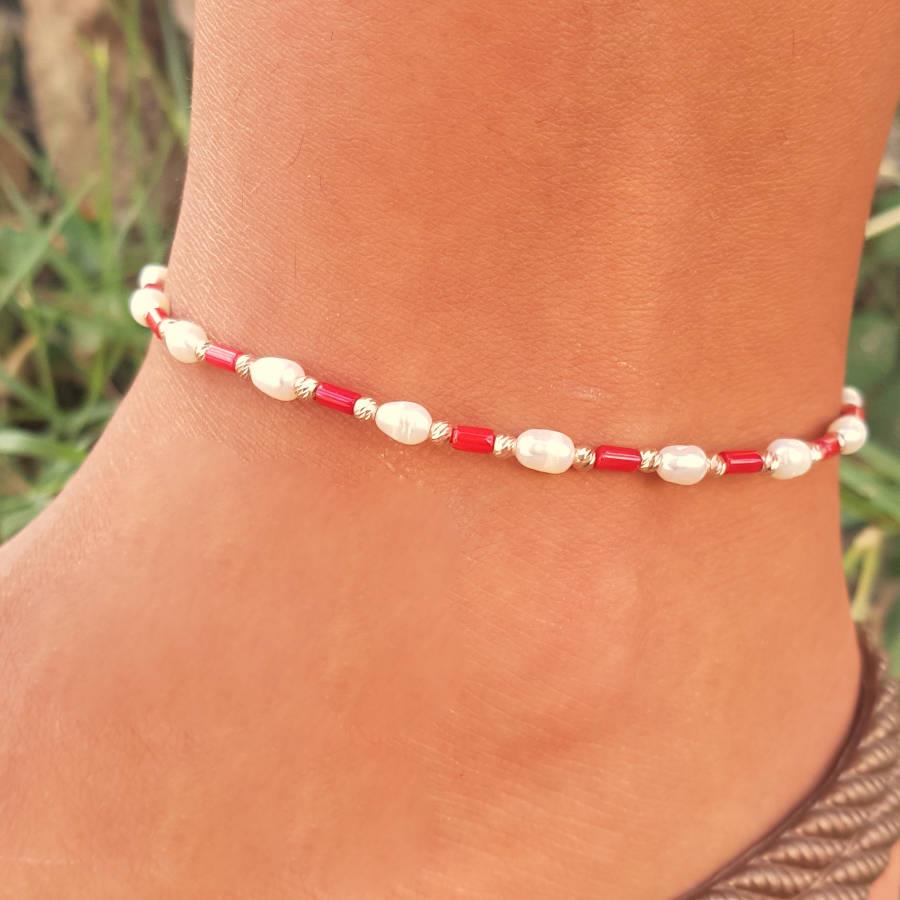 Natural Coral Stone Pearl Silver Anklet - CNG Jewels