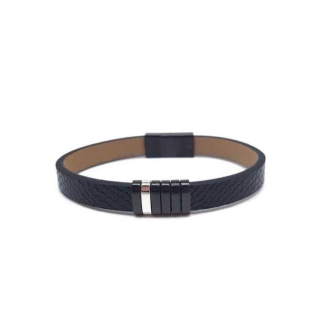 Textured Black Leather Steel Men's Bracelet - 1
