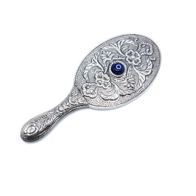 Medium Silver Hand Mirror with Evil Eye Beads - 1