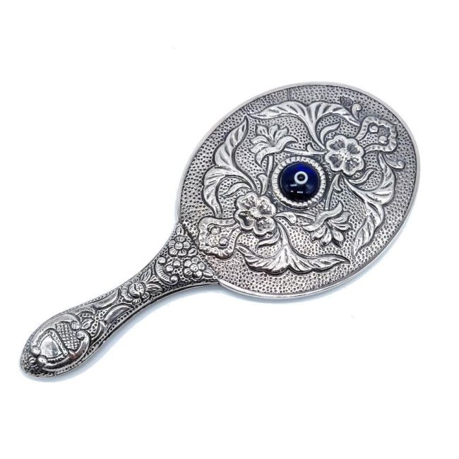 Medium-Large Silver Hand Mirror with Evil Eye Beads - 1