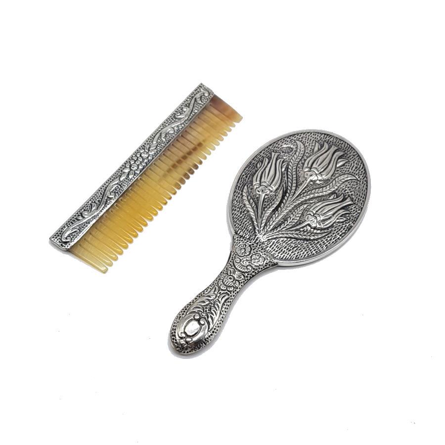 Tulip Patterned Small Hand Mirror Comb Set of Two Silver - CNG Jewels